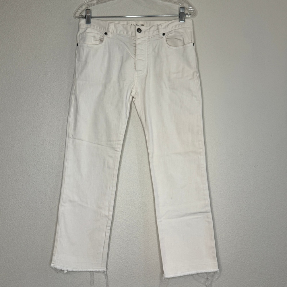 NILI LOTAN The Mott White Frayed Hem Straight Leg Jeans 2 Button Fly Designer